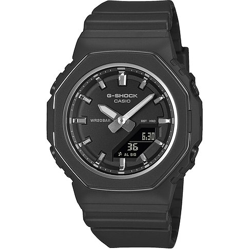 Casio G-Shock Damenarmbanduhr aus Resin in Schwarz und Silbergrau, frontal vor weißem Hintergrund.