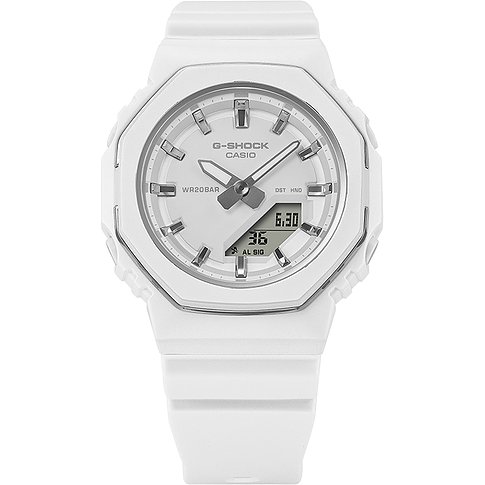 Casio Damenuhr aus weißem Resin von G-SHOCK, frontal aufgenommen, mit weißem Zifferblatt und grauen Akzenten.