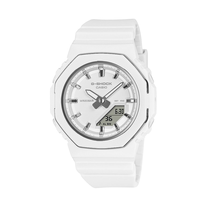 Casio Damenuhr aus Resin in Weiß, mit weißem Zifferblatt und grauen Akzenten.