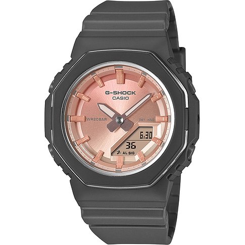 Casio G-Shock Damenuhr aus Resin, Ansicht von vorne, mit einem zartrosa Zifferblatt und Digitalanzeige.