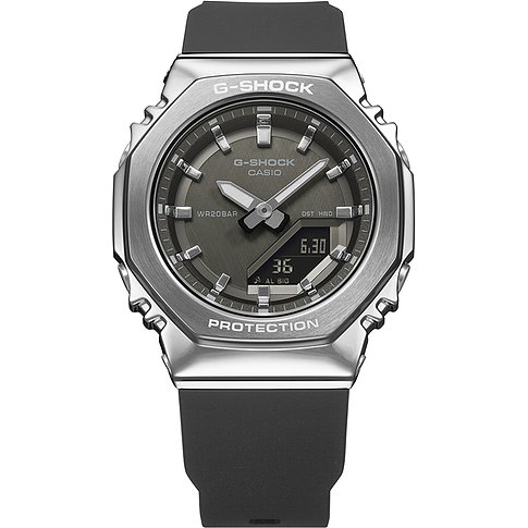 Casio G-Shock Damenuhr mit Resin-Armband und silbernem Achteckgehäuse auf weißem Hintergrund.