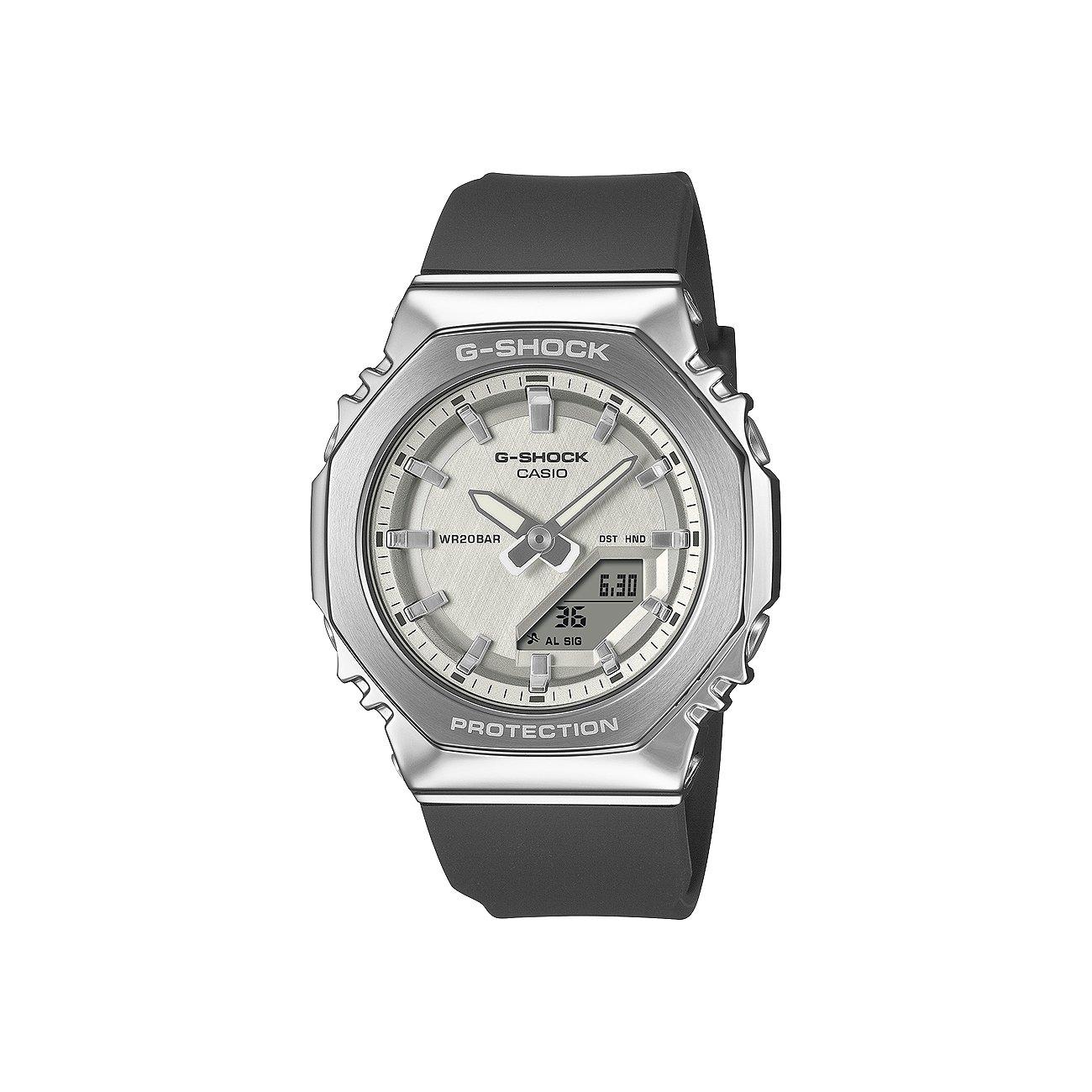 Casio G-Shock Damen-Uhr mit silberfarbenem Gehäuse, weißem Zifferblatt und schwarzem Resin-Armband, frontale Ansicht.