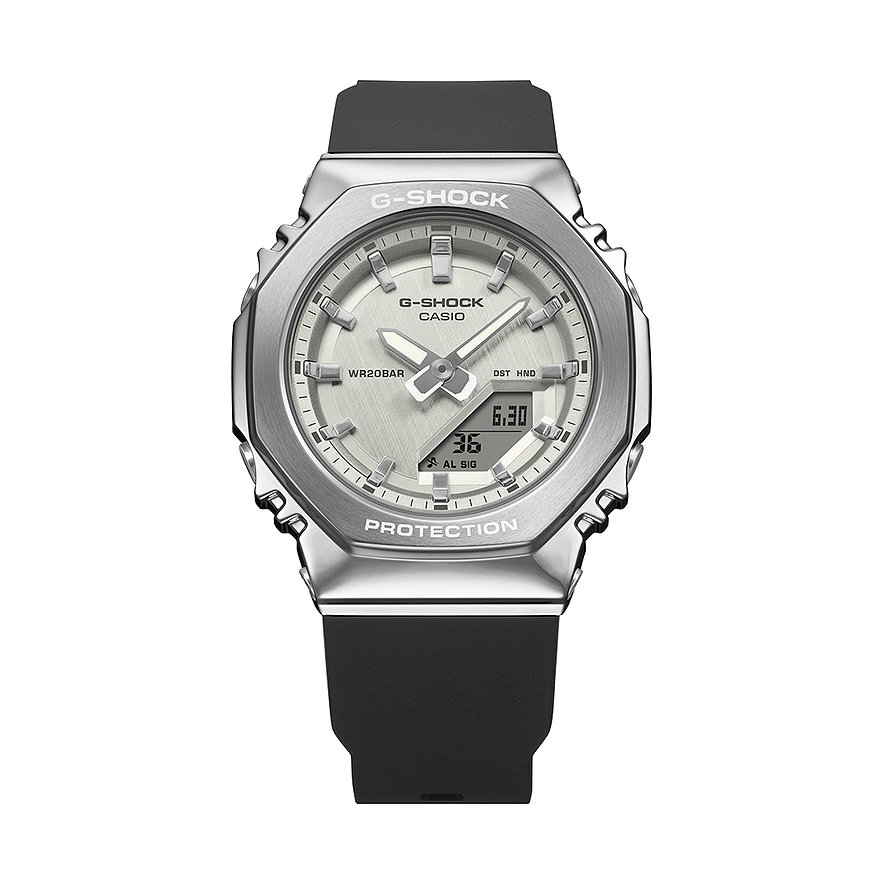 Die Casio Damenuhr mit schwarzem Resinarmband und achteckigem silberfarbenem Gehäuse zeigt ein hellgraues Zifferblatt.