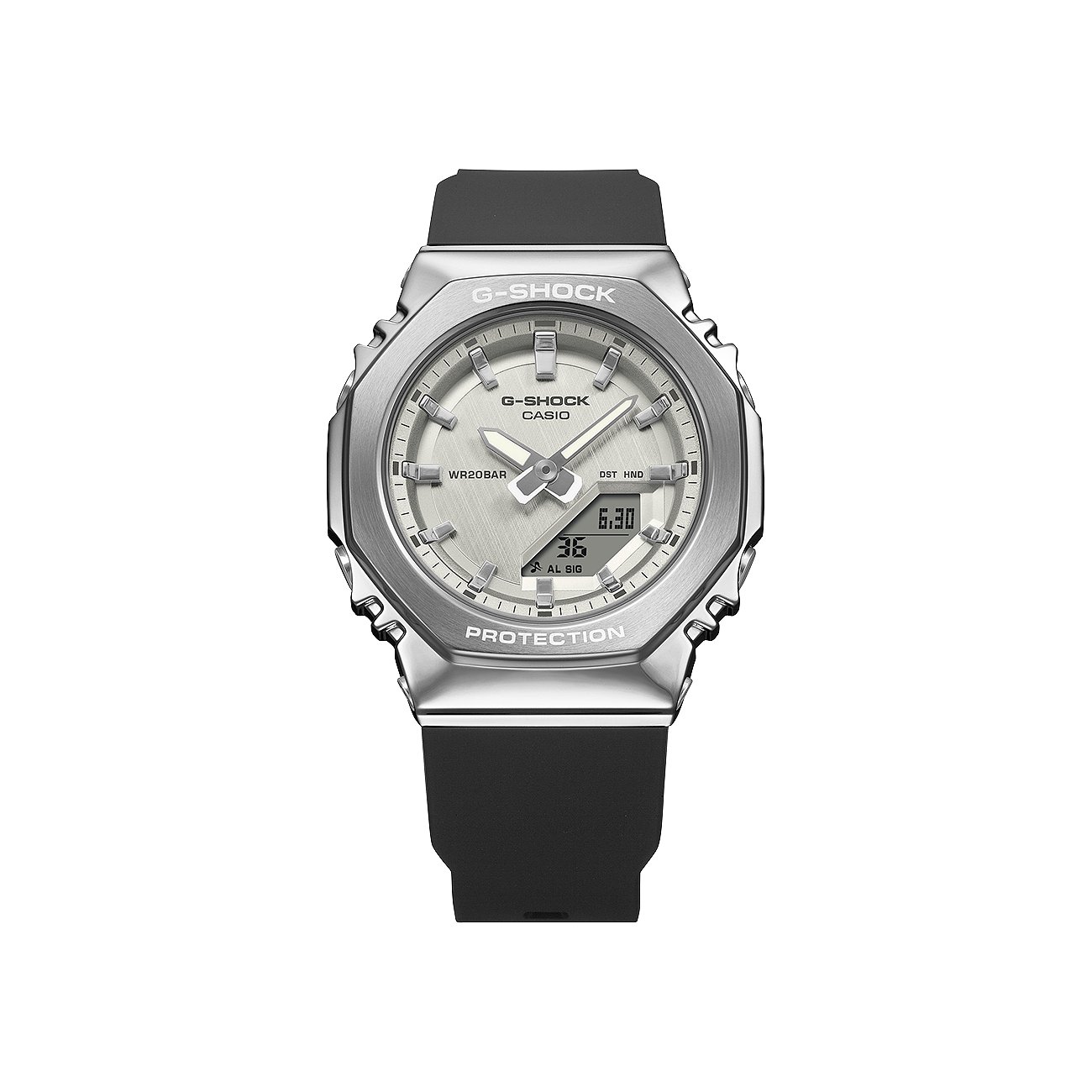 Die Casio Damenuhr mit schwarzem Resinarmband und achteckigem silberfarbenem Gehäuse zeigt ein hellgraues Zifferblatt.