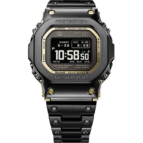 Eine Casio G-Shock Herrenuhr aus schwarzem Edelstahl mit goldenen Akzenten und digitaler Anzeige.