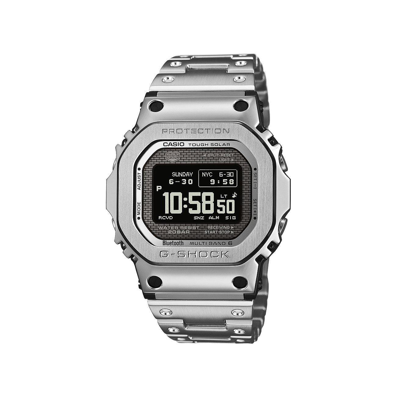 Casio Herrenuhr aus Edelstahl, Modell G-Shock, mit Digitalanzeige und Funktionen wie Tough Solar und Bluetooth.