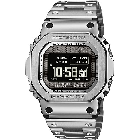 Casio Herrenuhr aus Edelstahl, Modell G-Shock, mit Digitalanzeige und Funktionen wie Tough Solar und Bluetooth.
