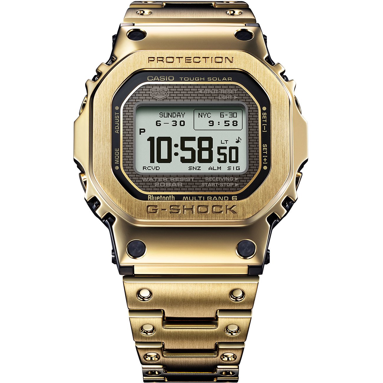 Die Casio Herrenuhr in Gold aus mattiertem und glänzendem Edelstahl, frontal auf weißem Hintergrund.