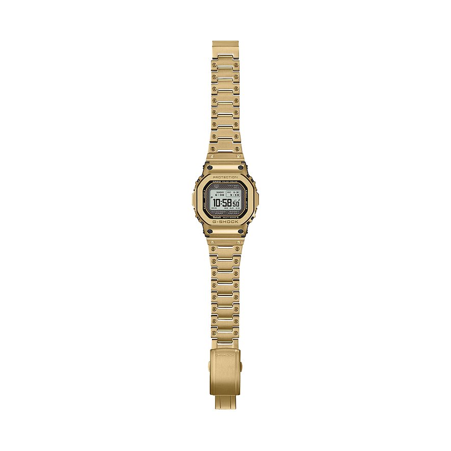 Casio Herrenuhr aus goldfarbenem Edelstahl, rechteckiges Gehäuse, digitales Zifferblatt mit schwarzem Hintergrund.