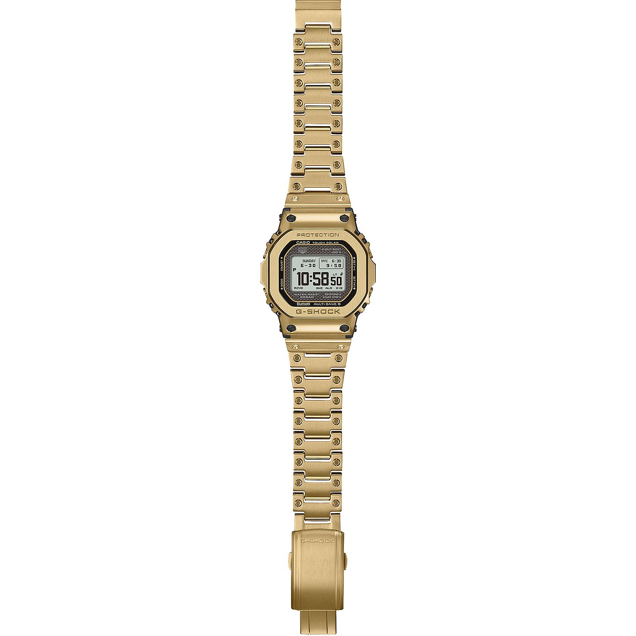 Casio Herrenuhr aus goldfarbenem Edelstahl, rechteckiges Gehäuse, digitales Zifferblatt mit schwarzem Hintergrund.