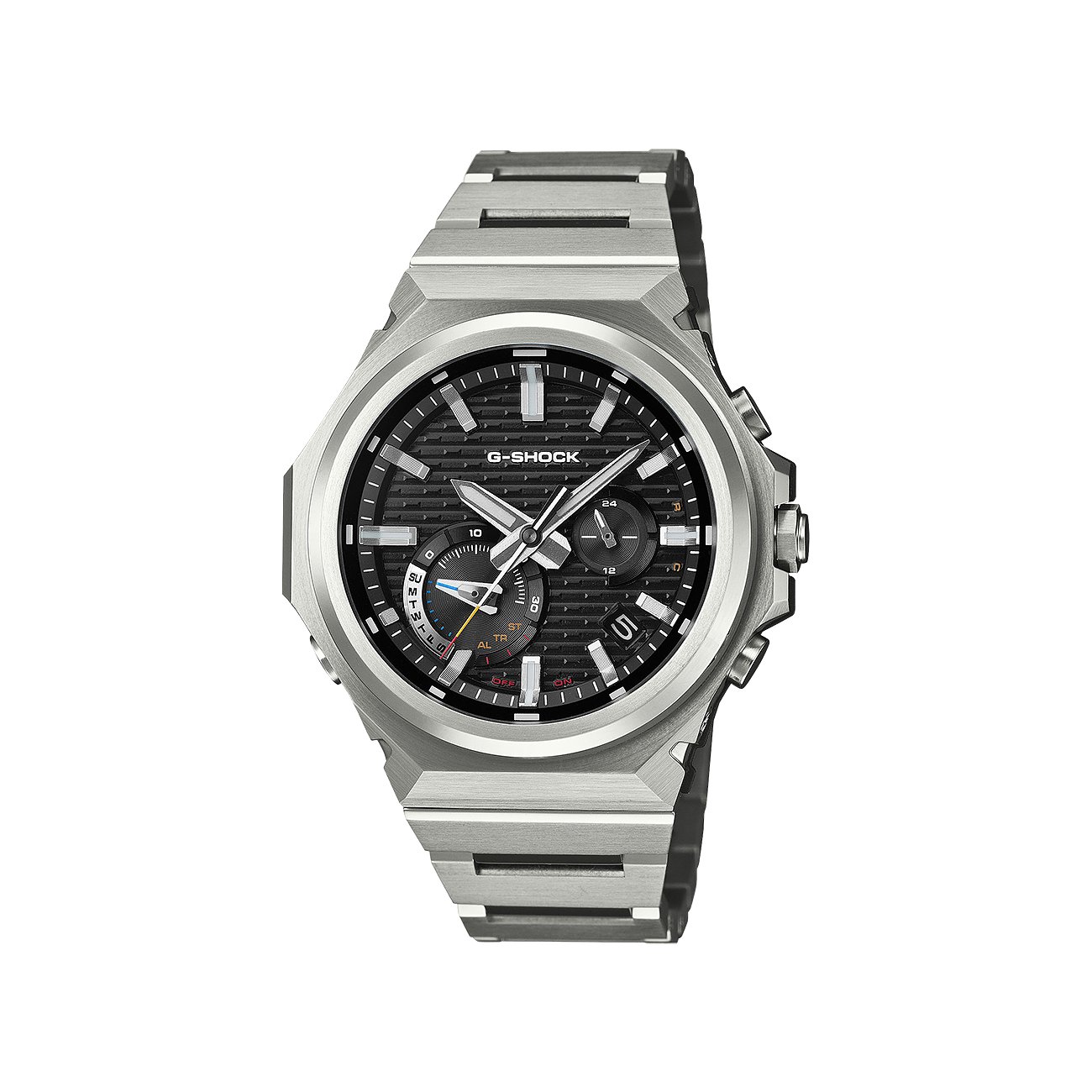 Casio Herrenuhr mit silberfarbenem Resin-Gehäuse, schwarzem Zifferblatt und silbernem Resin-Armband.