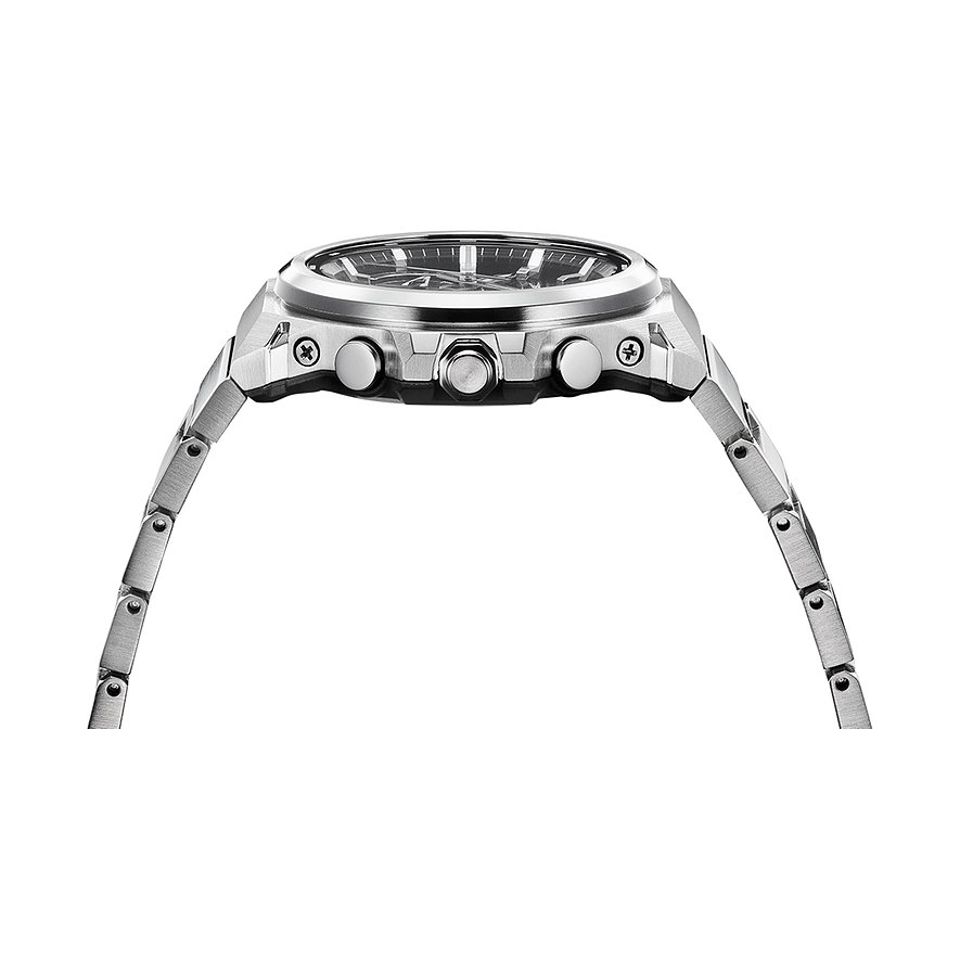 Seitenansicht der Casio Herrenuhr aus Resin mit silbernem Gehäuse und Gliederkette.