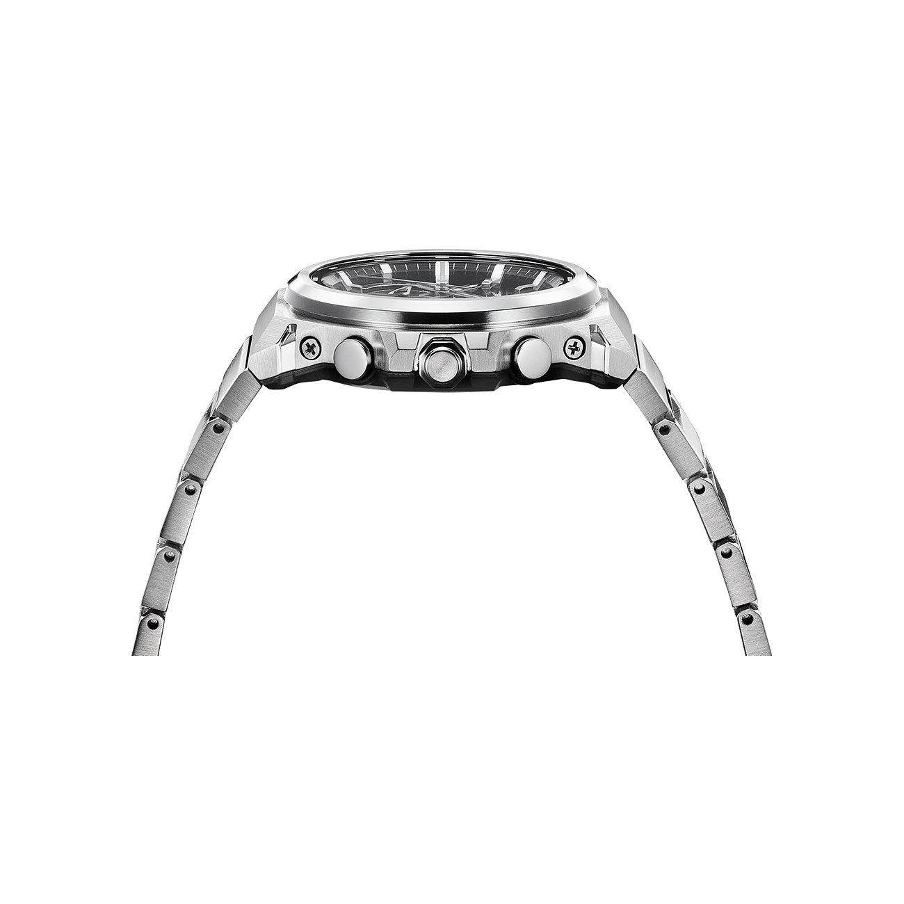 Seitenansicht der Casio Herrenuhr aus Resin mit silbernem Gehäuse und Gliederkette.