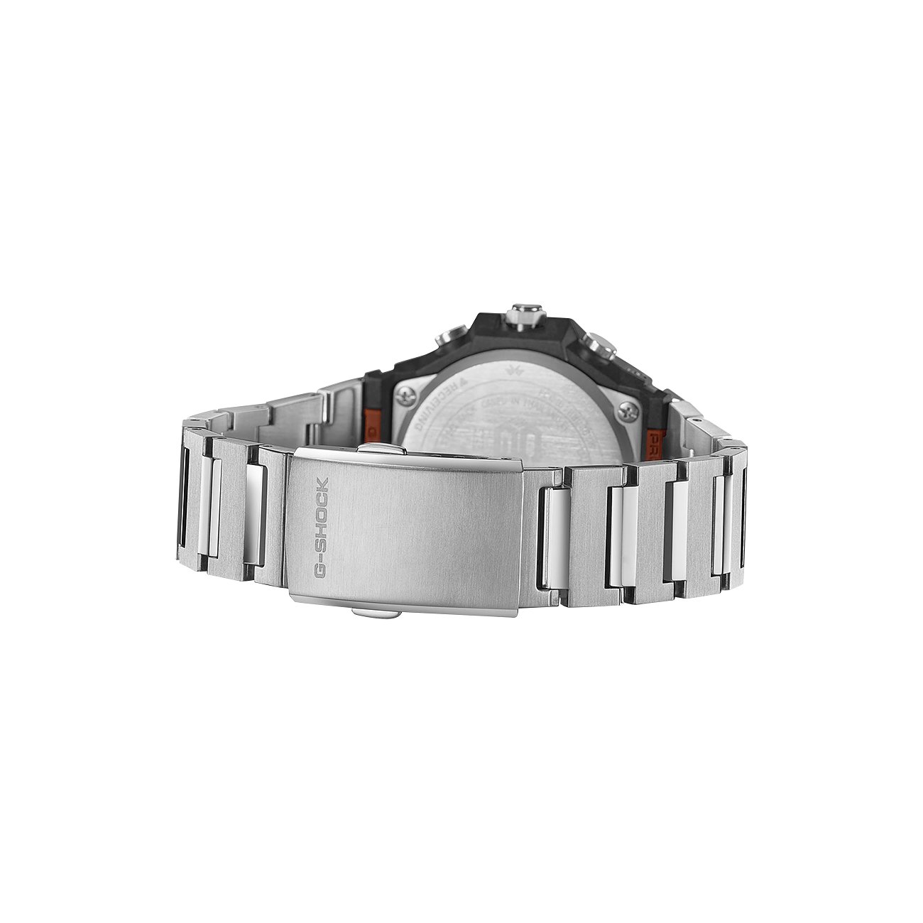 Rückansicht der Casio Herrenuhr mit silbernem Resin-Armband und schwarzem Gehäuse.