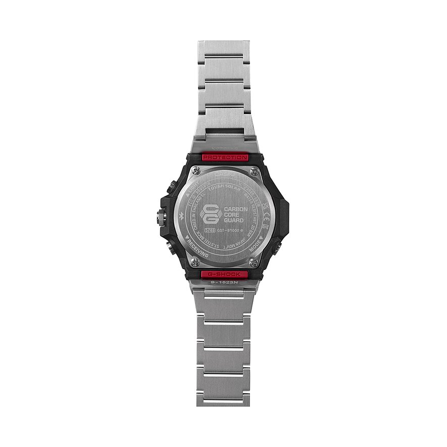 Rückseite einer Casio Herrenuhr mit silberfarbenem Resin-Armband und schwarzem Gehäuse, Details von Carbon Core Guard.