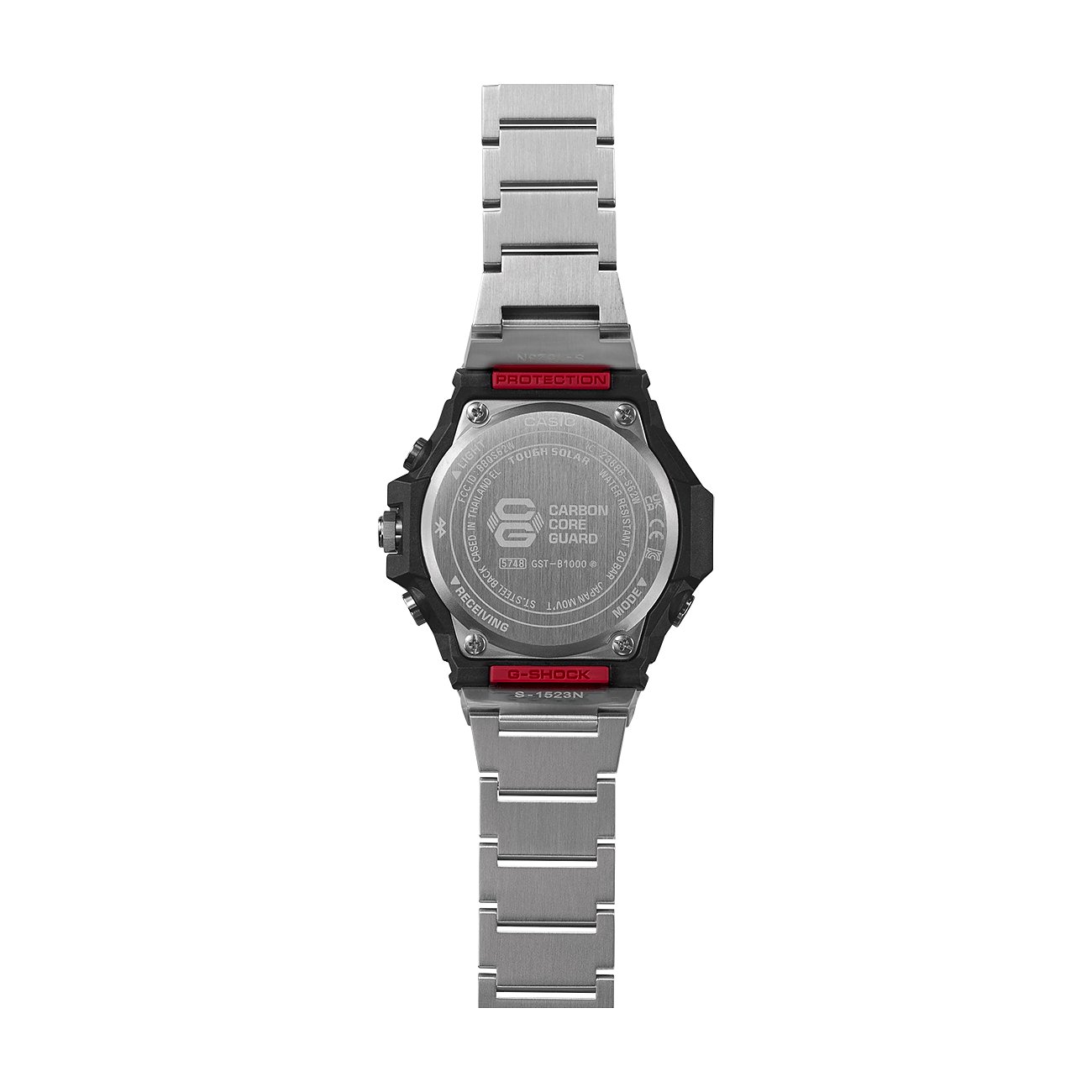 Rückseite einer Casio Herrenuhr mit silberfarbenem Resin-Armband und schwarzem Gehäuse, Details von Carbon Core Guard.