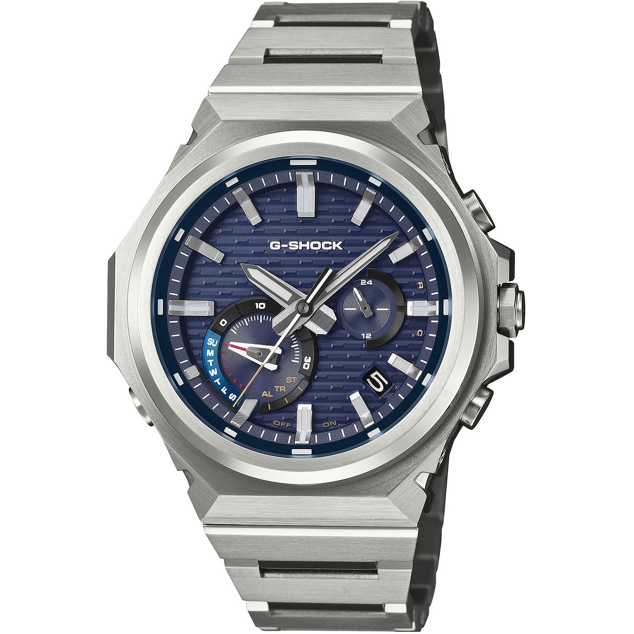 Casio Herrenuhr von G-Shock aus Resin im Studio-Shot, mit blauer Front und silbergrauem Armband.