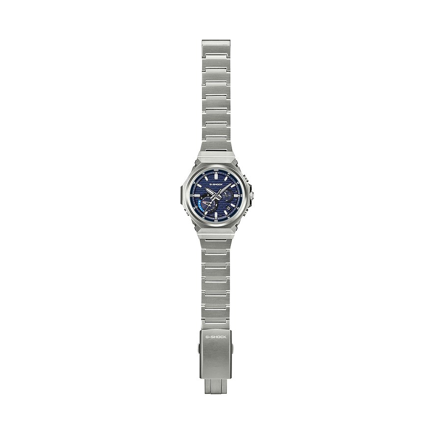 Casio Herrenuhr aus Resin mit blauem Zifferblatt und silberfarbenem Armband, von oben abgebildet
