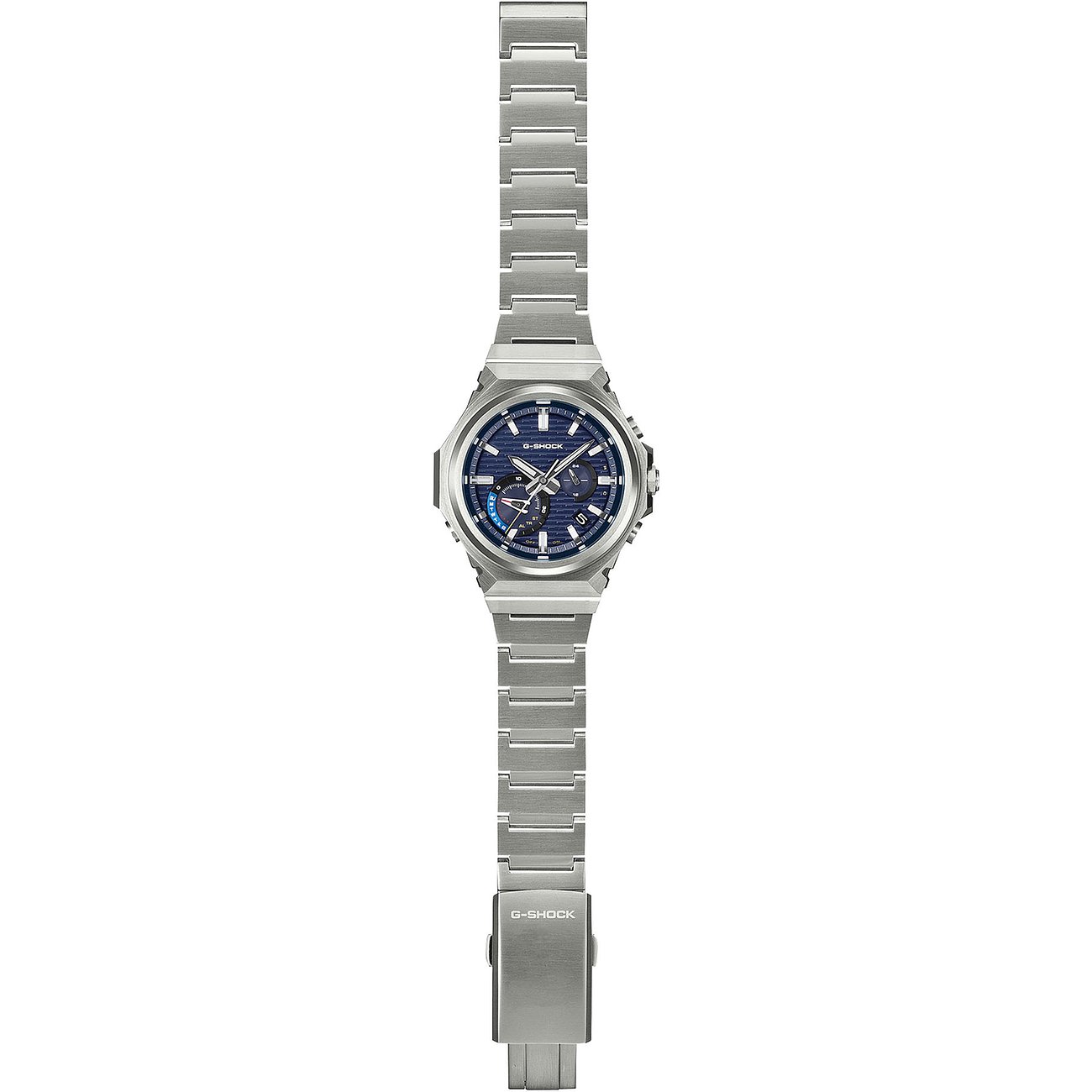 Casio Herrenuhr aus Resin mit blauem Zifferblatt und silberfarbenem Armband, von oben abgebildet