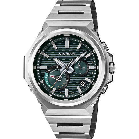 Casio Herrenuhr von G-Shock mit Resin-Armband und Gehäuse, grünes Zifferblatt, Analog-Digital-Anzeige.