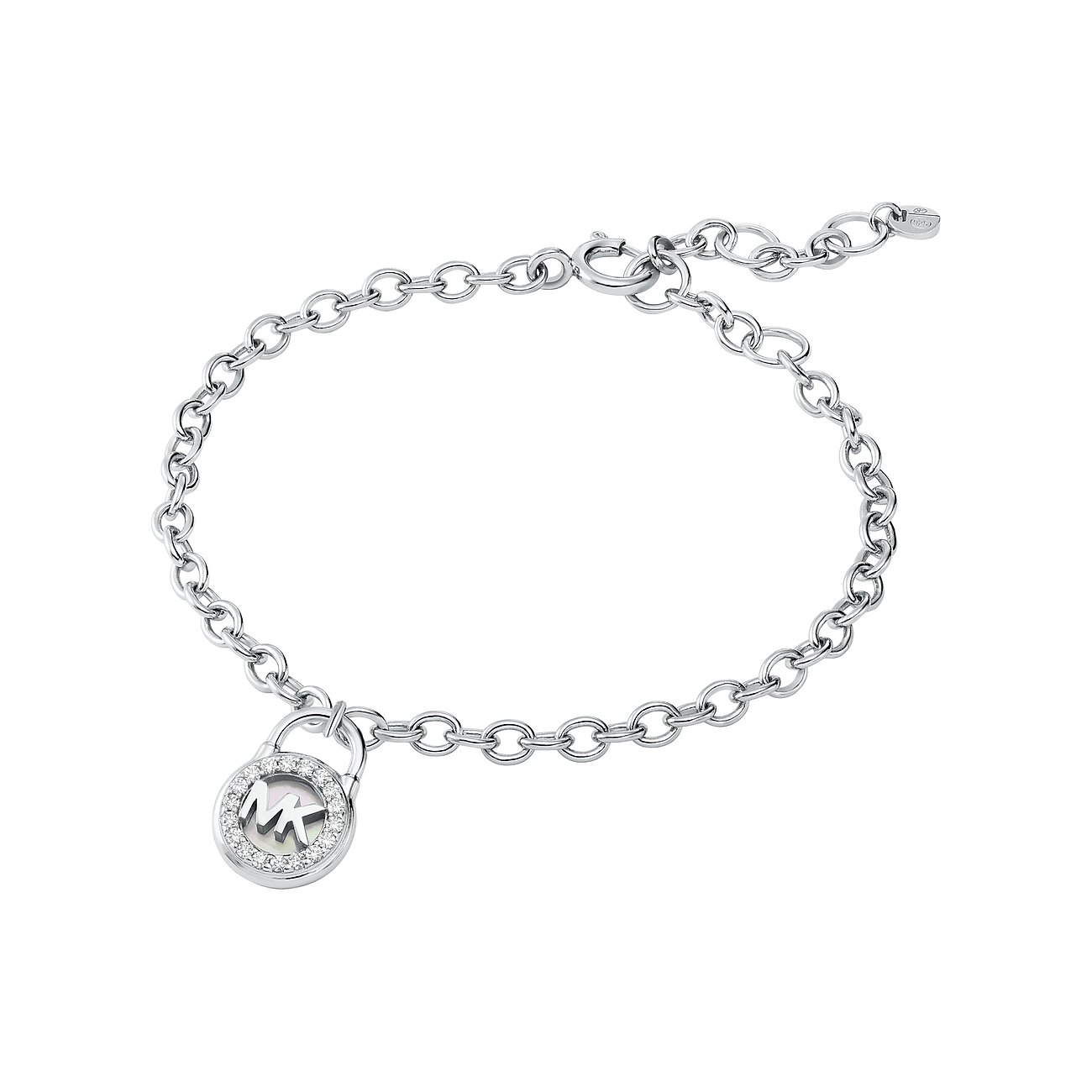 Michael Kors Silberarmband mit rundem Schlossanhänger, verziert mit funkelnden Schmucksteinen und Perlmutt.