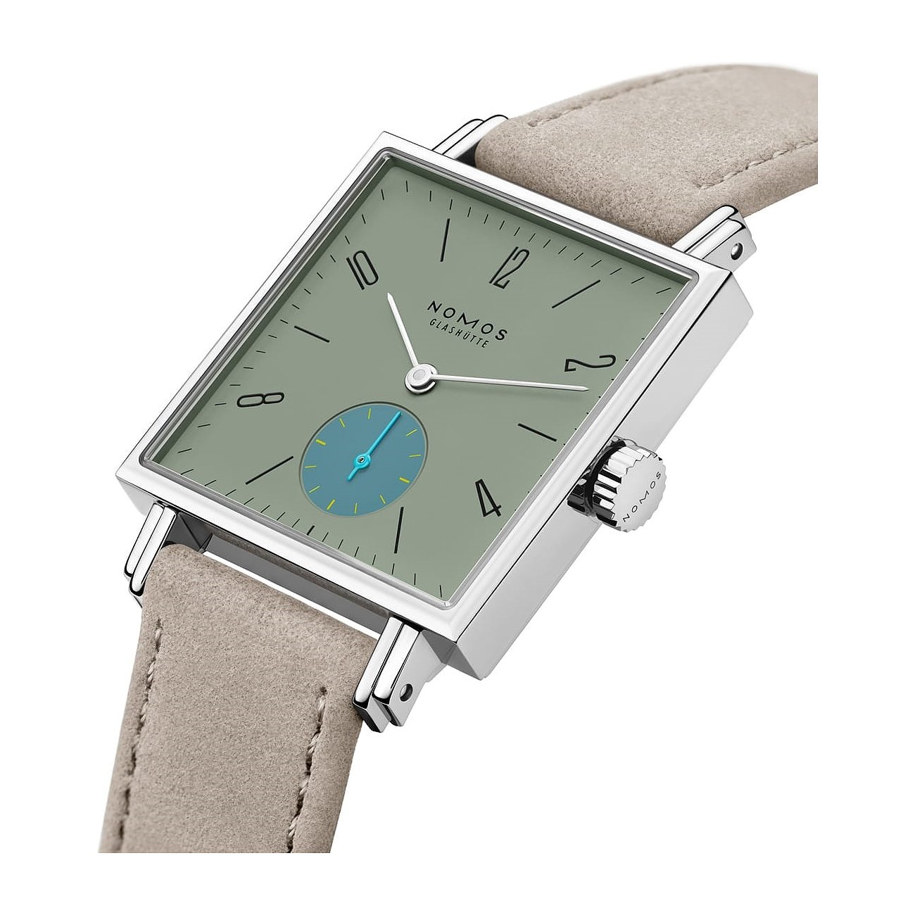Nomos Glashütte Tangente Neomatik Damenuhr aus Edelstahl, hellgrünes Zifferblatt, blaues Hilfszifferblatt, beiges Wildlederarmband.