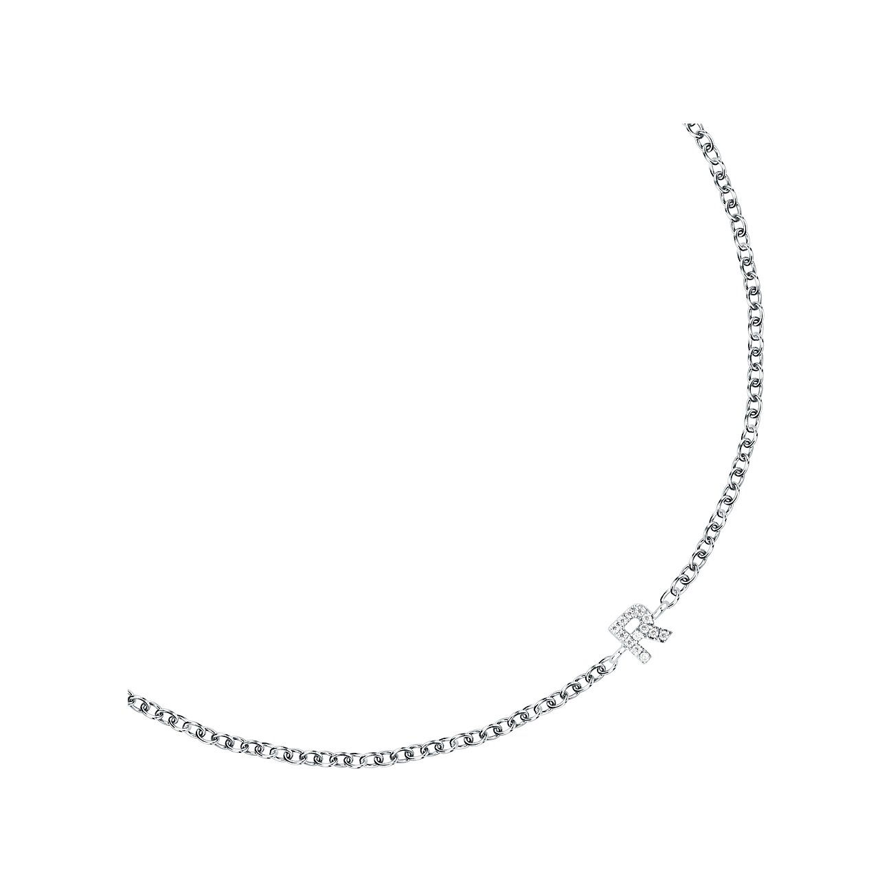FAVS armband i 925 silver. En kedja med ett litet R-hänge, prydd med zirkoniastenar.