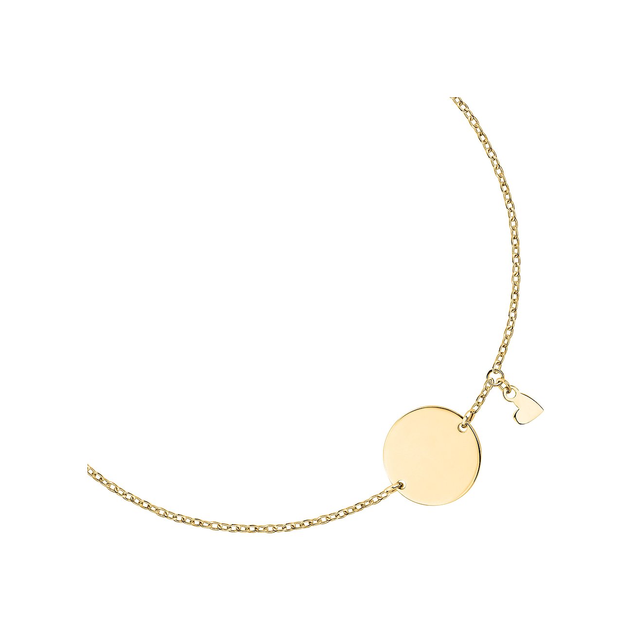 Bracelet or FAVS en argent 925 brillant avec plaque circulaire et petit pendentif en forme de cœur.