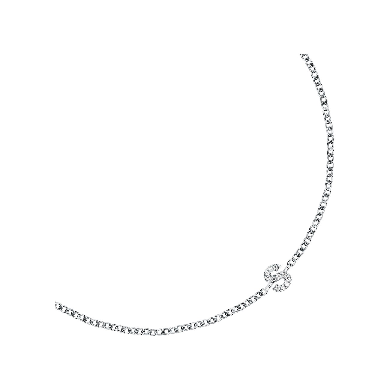 FAVS 925 sterlingsilverarmband, prytt med gnistrande S-formade zirkoniasten, mot vit bakgrund.
