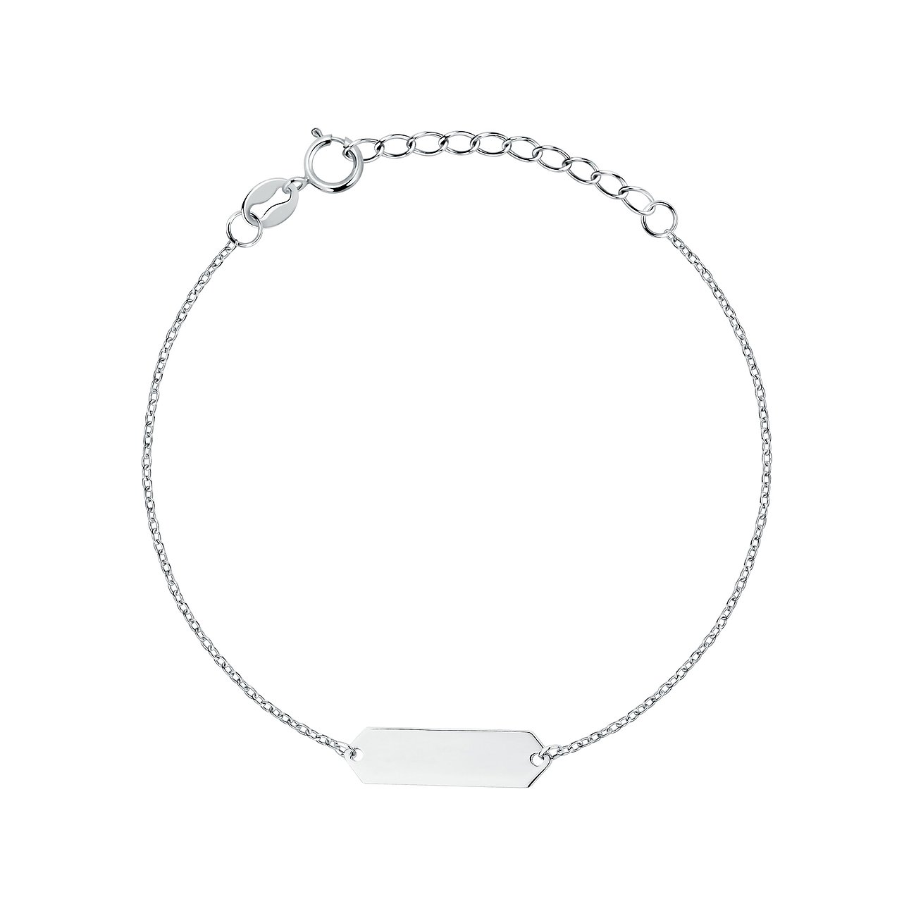 Un bracelet FAVS en argent 925 avec une chaîne et une petite plaquette brillante au centre.