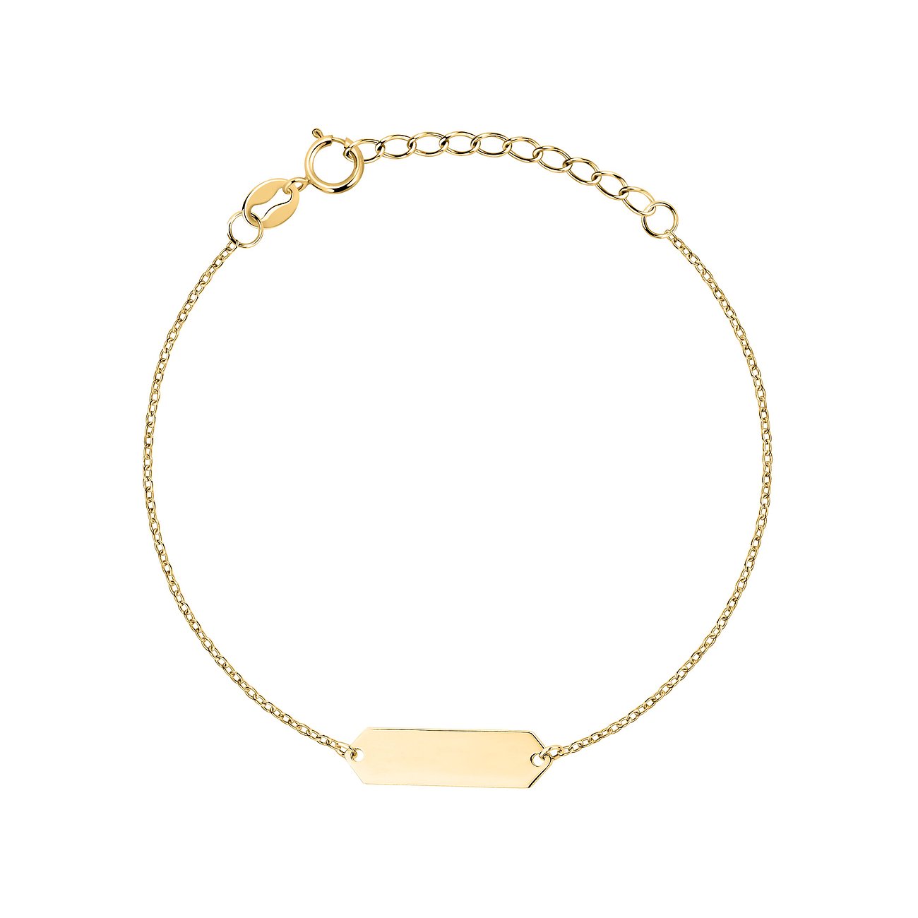 FAVS 925er Silberarmband vergoldet mit einer schmalen, rechteckigen ID-Platte und Karabinerverschluss.