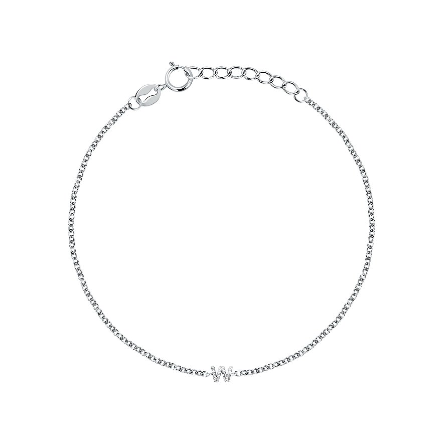 FAVS 925er Silberarmband mit zarter Kette und einem funkelnden „W“ besetzt mit Zirkonia, Verschluss oben mittig.