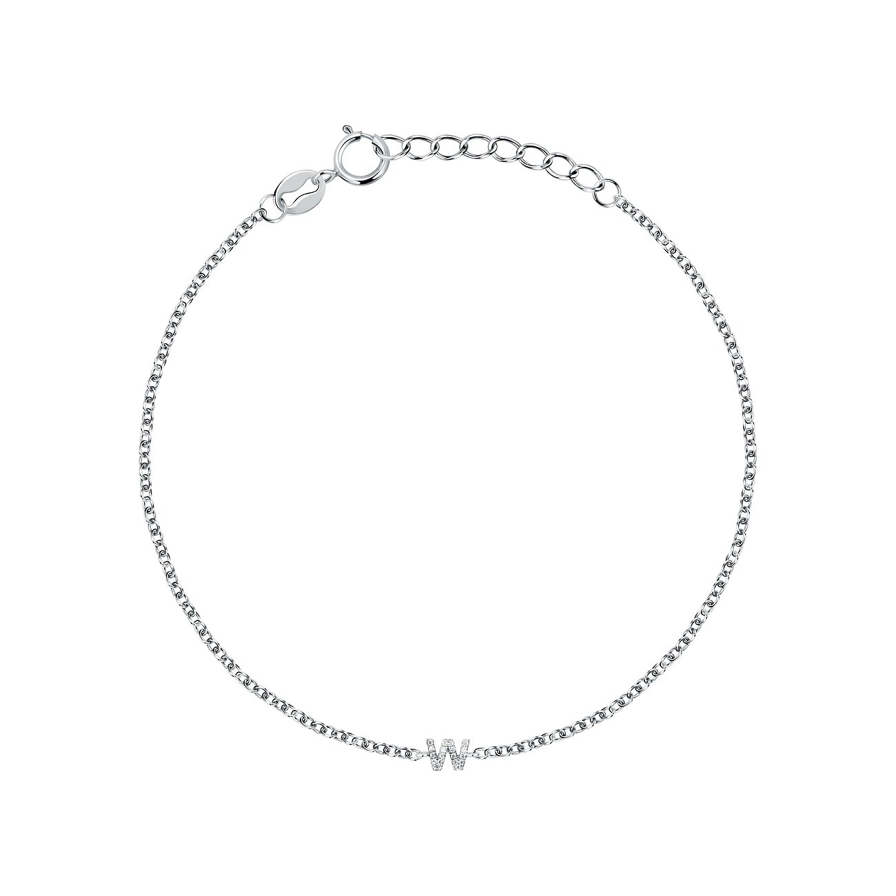 FAVS 925er Silberarmband mit zarter Kette und einem funkelnden „W“ besetzt mit Zirkonia, Verschluss oben mittig.