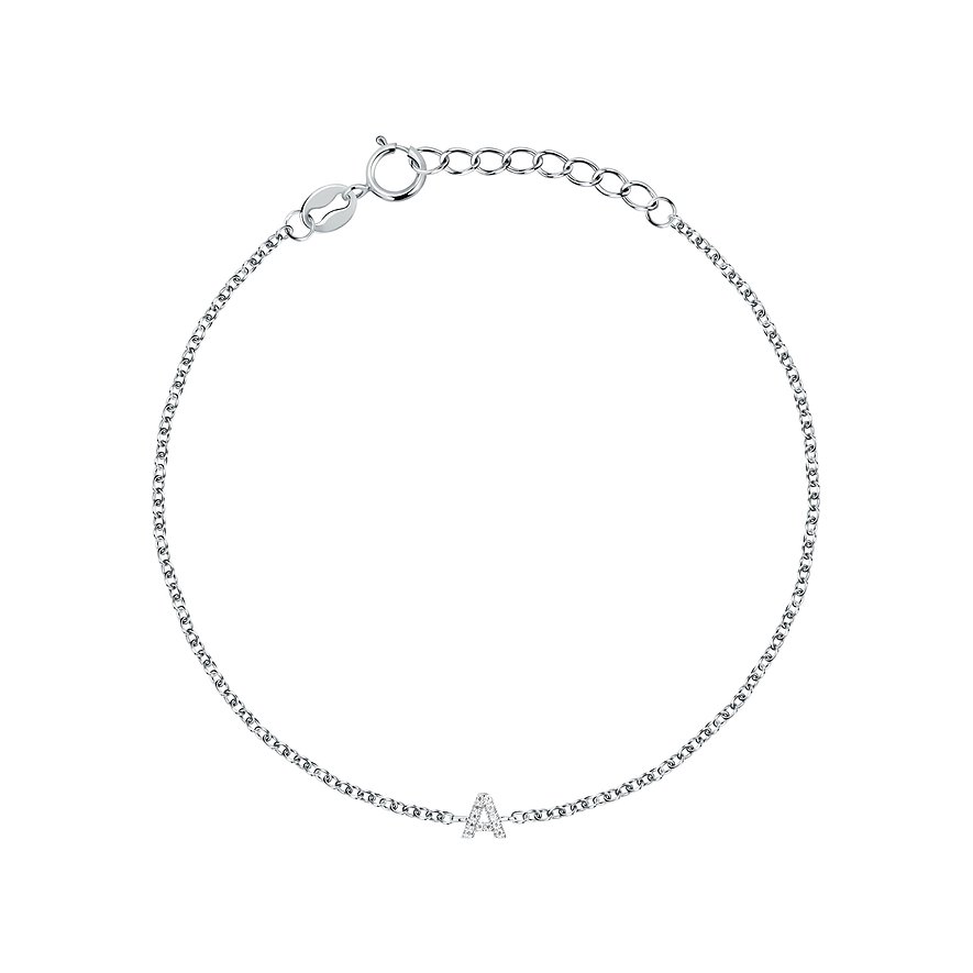FAVS Armband: Silverarmband med en bokstav A besatt med zirkonia, närbild.