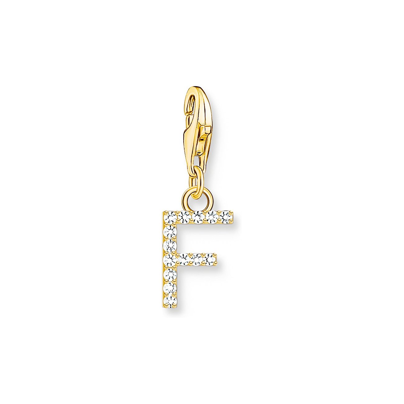 Thomas Sabo Charmanhänger aus vergoldetem Silber in Buchstabenform F, besetzt mit funkelnden Zirkonia-Steinen.