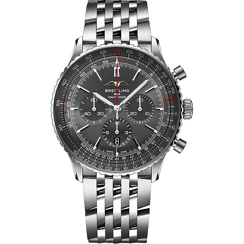 Eine Breitling Navitimer Herrenuhr aus Edelstahl mit dunklem Zifferblatt, drei Hilfszifferblättern und einem Chronographen.