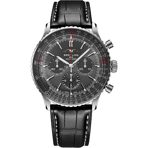 Eine Breitling Navitimer Herrenuhr aus Edelstahl mit dunklem Zifferblatt und schwarzem Krokolederarmband.