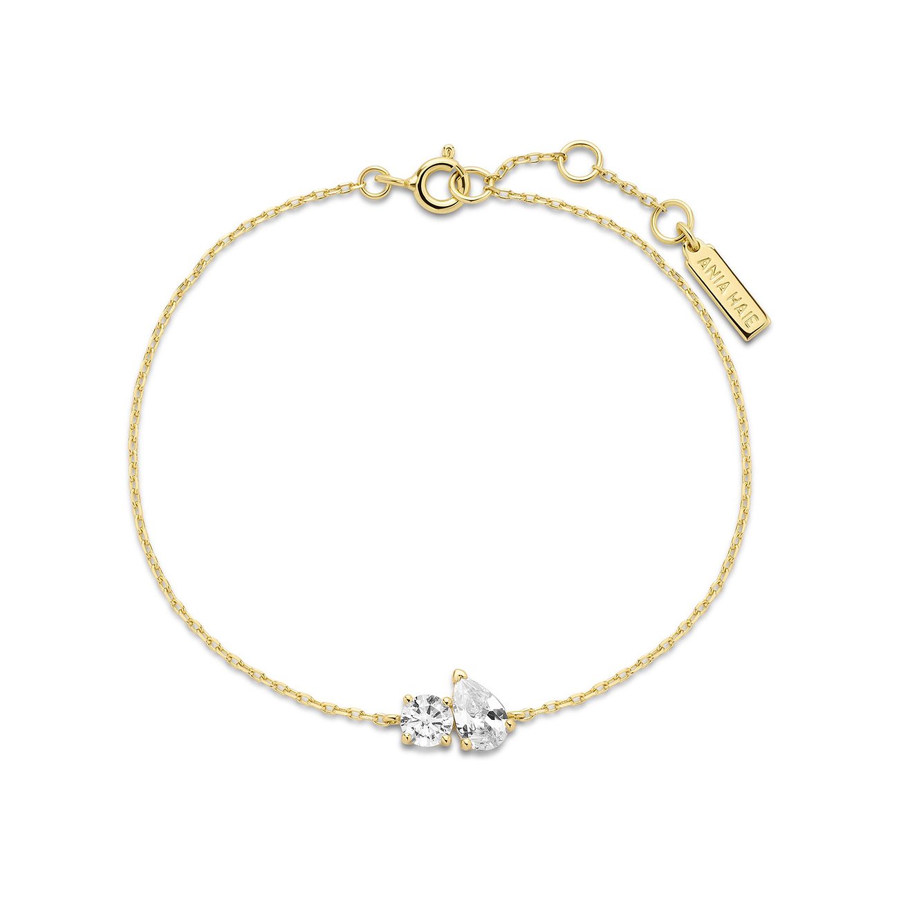 Ania Haie Armband aus vergoldetem 925er Silber mit zwei klaren Zirkonia unterschiedlich geformt.