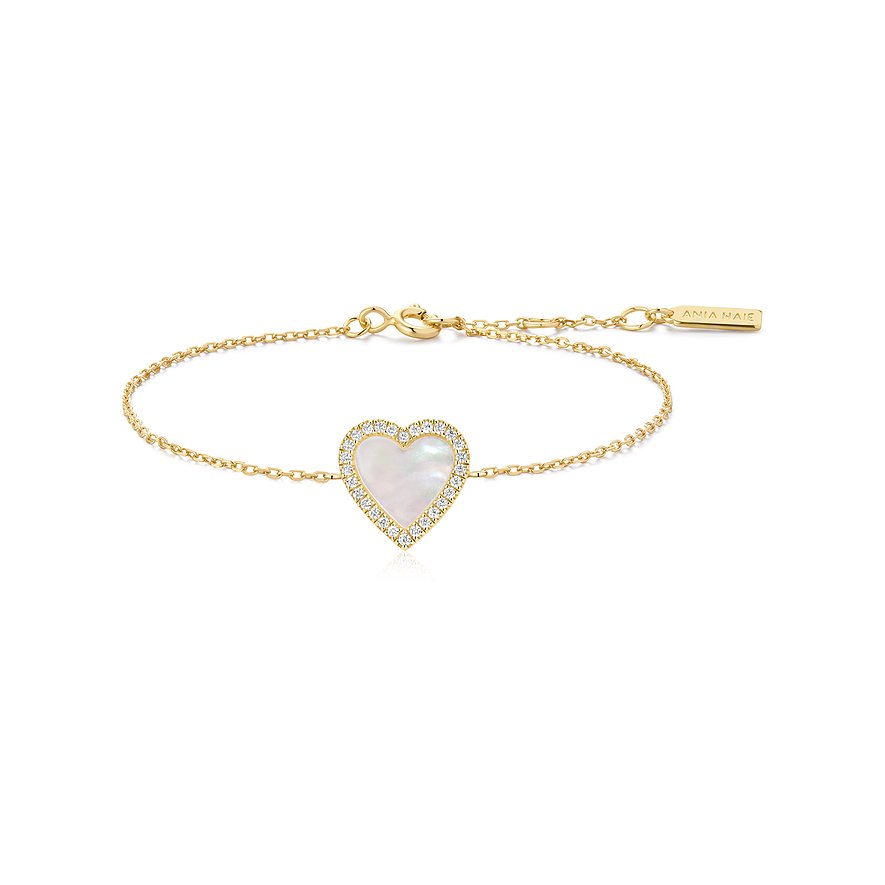 Ania Haie Armband aus vergoldetem Silber mit einer herzförmigen Perlmutt-Einlage, umrandet von Zirkonia.
