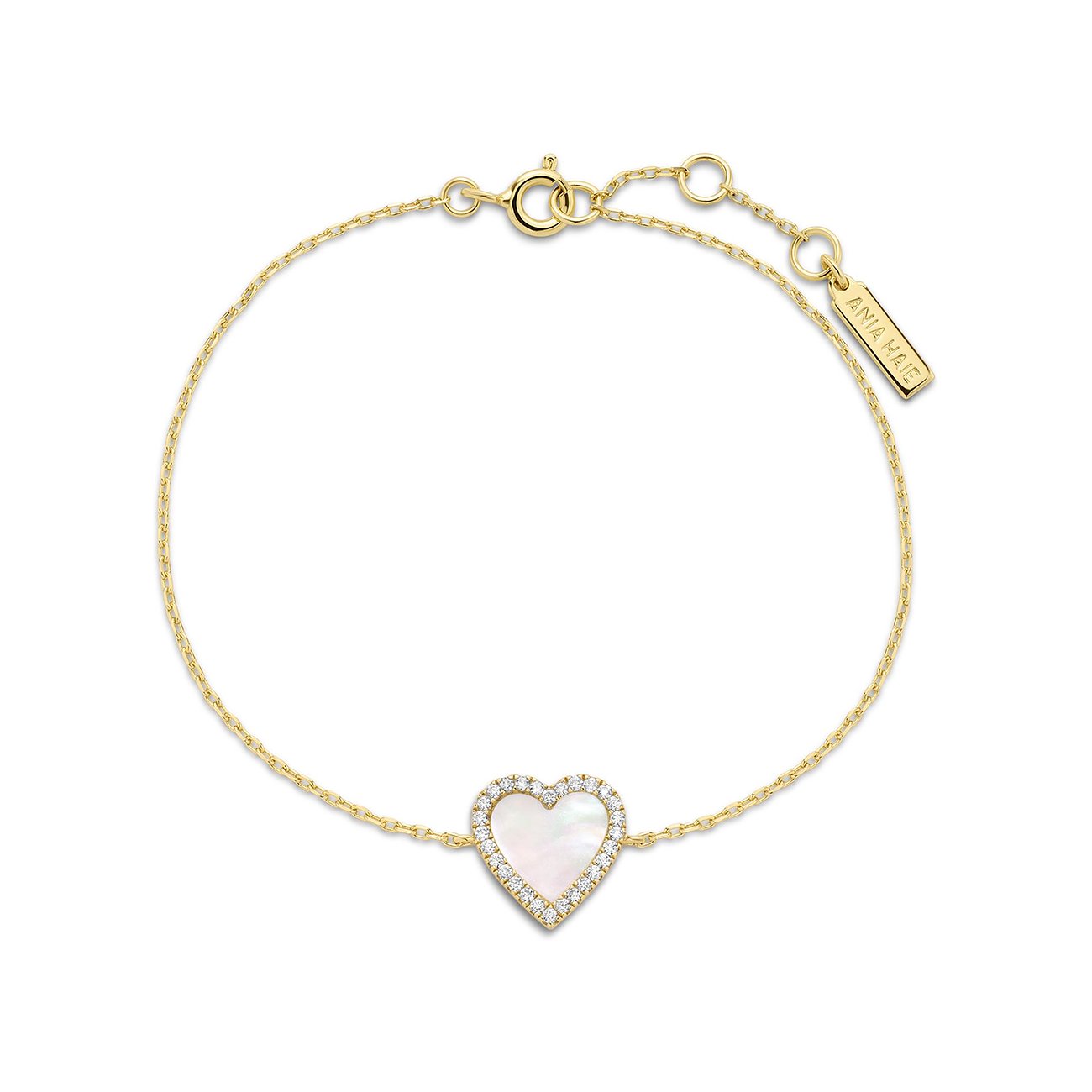 Bracelet Ania Haie en argent plaqué or, pendentif cœur en nacre, entouré de zircone.