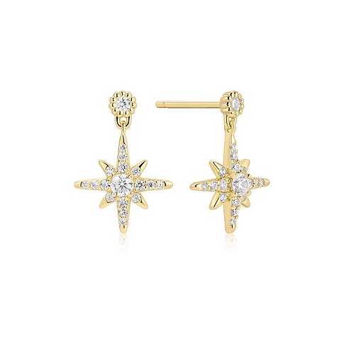 Ania Haie Ohrschmuck aus vergoldetem Silber mit Zirkonia, die als sternförmiger Anhänger herunterhängen.