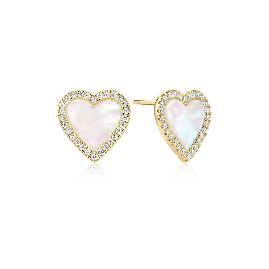 Ania Haie Herzohrstecker: vergoldetes 925er Silber, Zirkonia-Rand, Perlmutt-Inlay. Links liegend, rechts stehend.