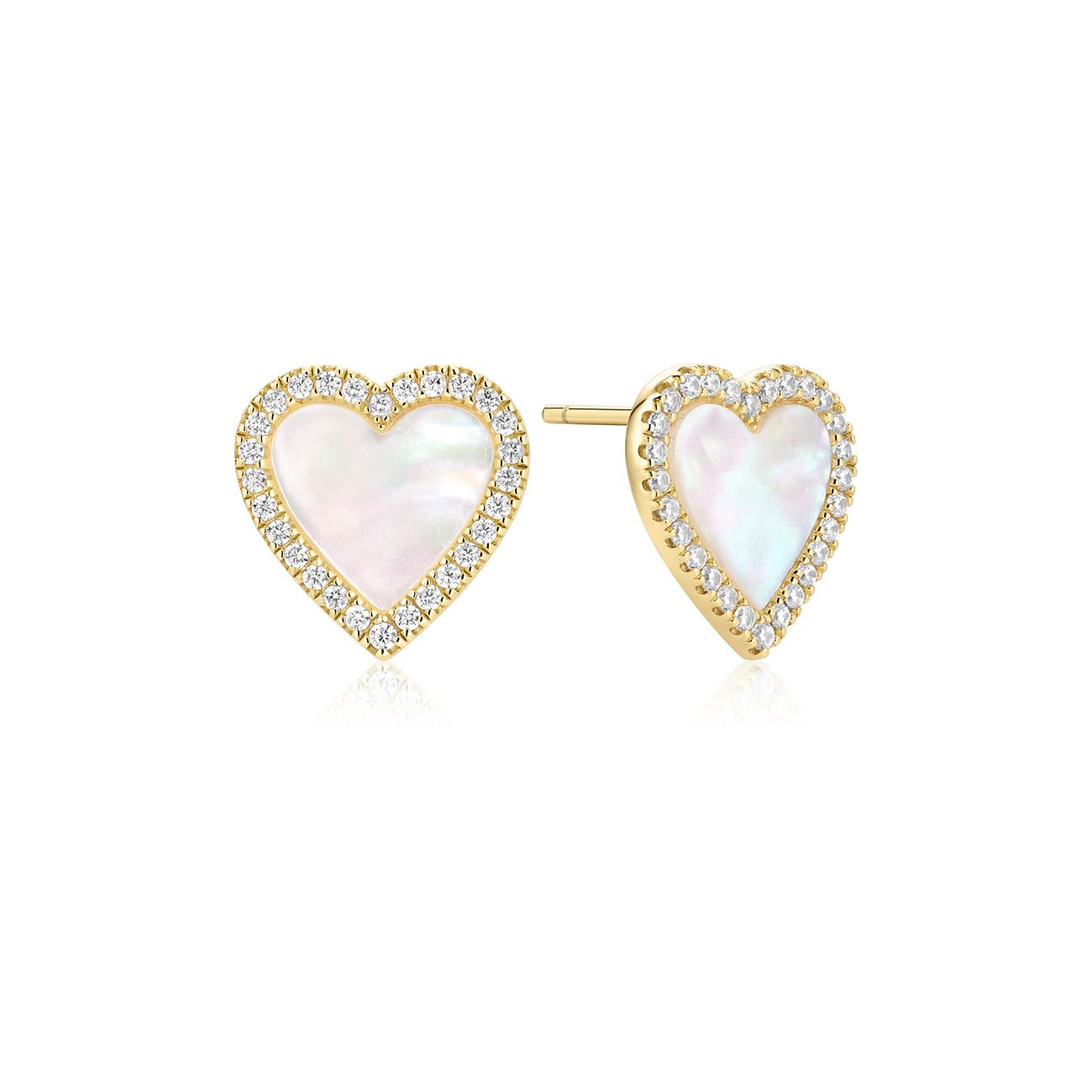 Ania Haie Herzohrstecker: vergoldetes 925er Silber, Zirkonia-Rand, Perlmutt-Inlay. Links liegend, rechts stehend.
