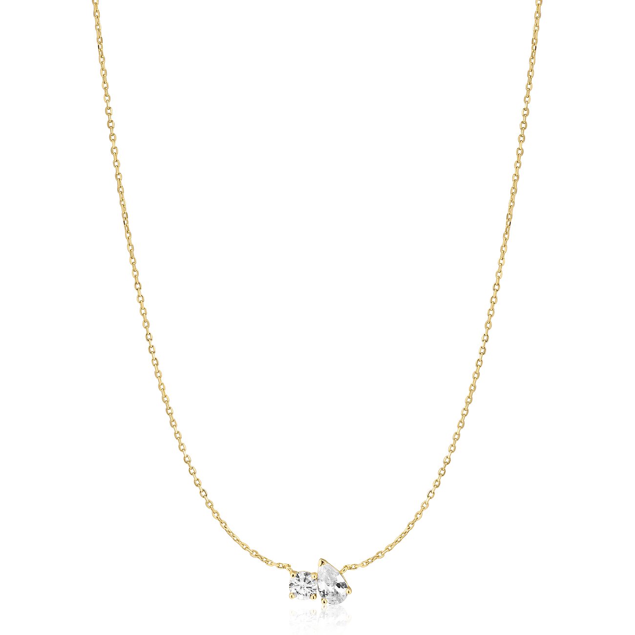 Collier Ania Haie doré en argent 925 avec deux zircones clairs ronds et en forme de goutte.