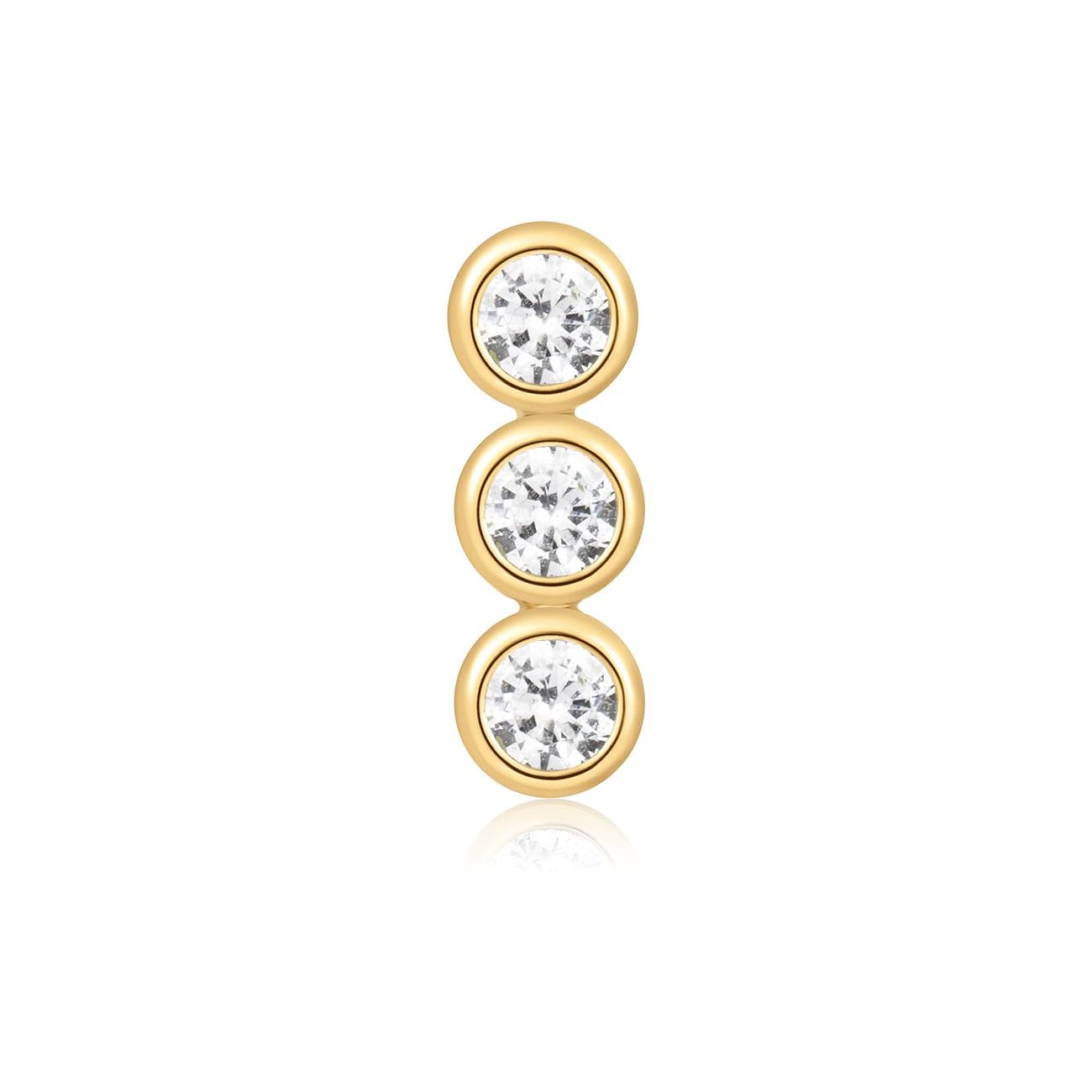 Boucle d'oreille Ania Haie, argent plaqué or, trois oxydes de zirconium ronds, disposés verticalement.