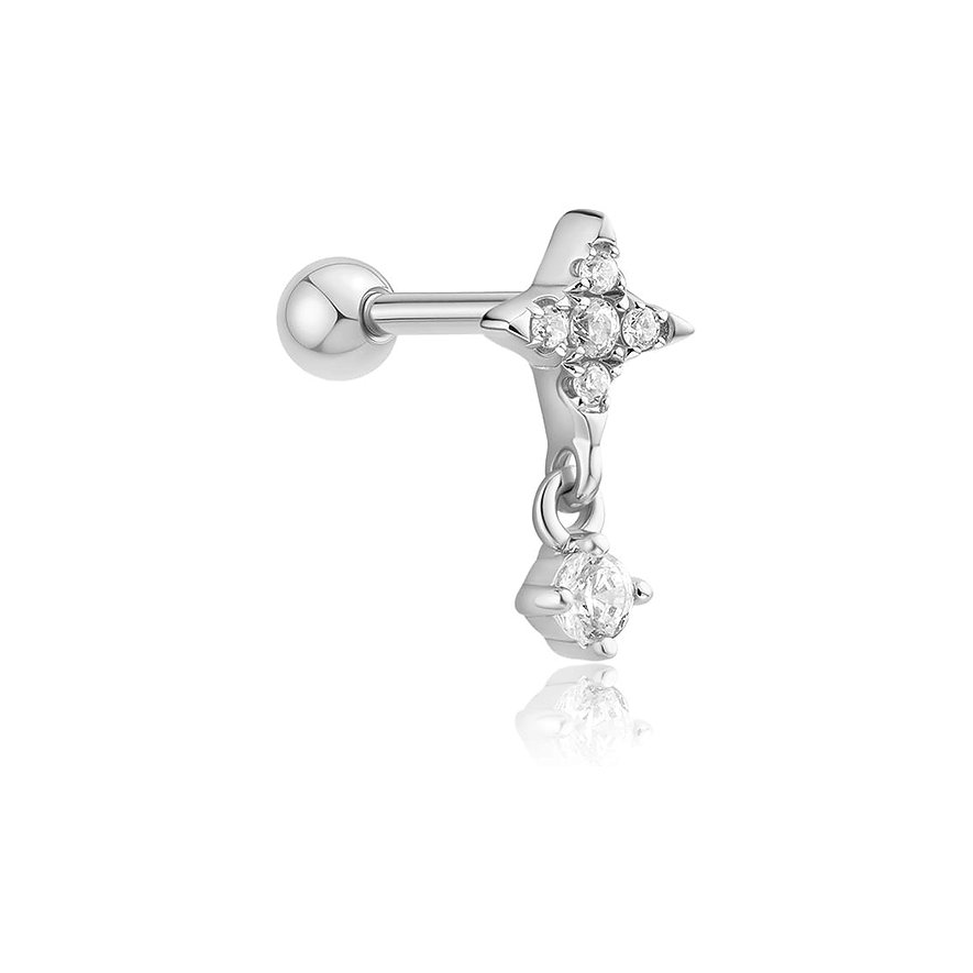 Ania Haie Ohrschmuck aus 925er Silber mit Zirkonia, sternförmig mit einem baumelnden Stein, Nahaufnahme.