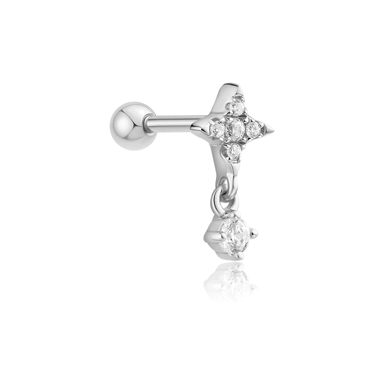 Ania Haie Ohrschmuck aus 925er Silber mit Zirkonia, sternförmig mit einem baumelnden Stein, Nahaufnahme.