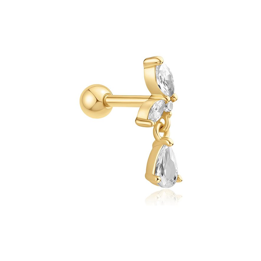 Bijou d'oreille Ania Haie en argent plaqué or avec trois zircones, dont une pend en forme de goutte.