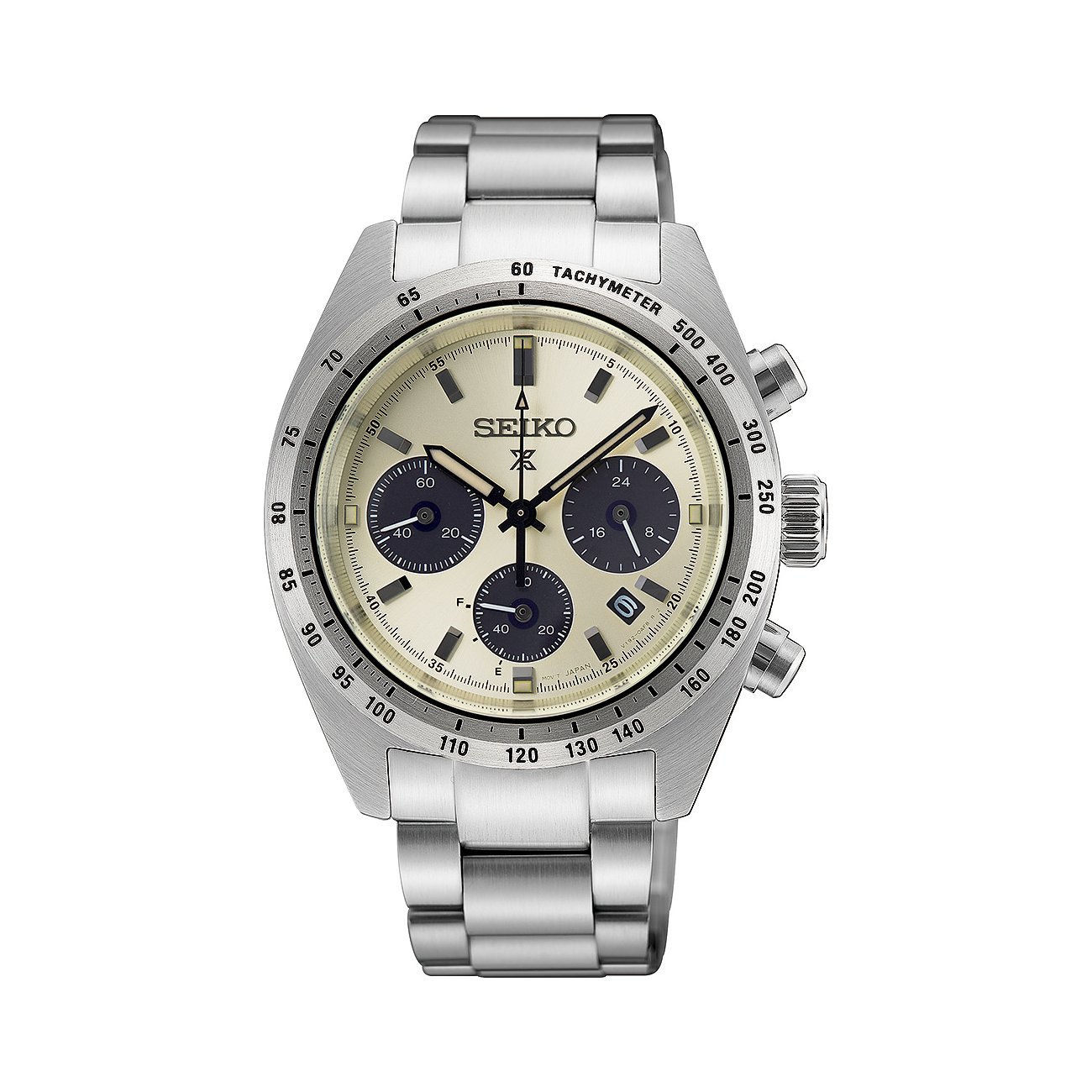 Die Seiko Herrenuhr aus silbernem Edelstahl zeigt ein helles Zifferblatt mit drei dunklen Chronographen-Zählern.