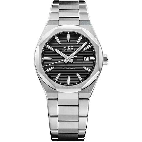 Mido Multifort Herrenuhr aus silberfarbenem Edelstahl mit schwarzem Zifferblatt und Datumsanzeige.